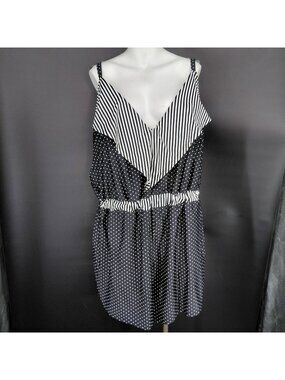 Swim By Cacique Swimdress Womens 28 Black Polka Dot Stripe Ruffle One Piece Tank